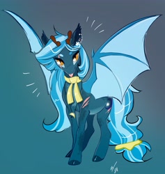 Size: 3878x4096 | Tagged: safe, artist:opalacorn, derpibooru import, oc, oc only, pony, :p, antlers, clothes, ear piercing, earring, jewelry, looking at you, piercing, scar, scarf, solo, spread wings, tongue, tongue out, webbed wings, wings