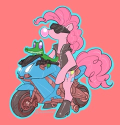 Size: 1743x1813 | Tagged: safe, artist:opalacorn, derpibooru import, gummy, pinkie pie, alligator, earth pony, pony, bipedal, boots, bubblegum, clothes, food, gum, motorcycle, shoes, sunglasses, tanktop, vest