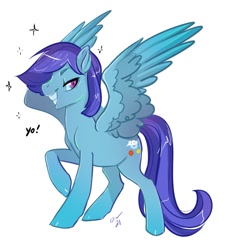 Size: 1107x1216 | Tagged: safe, artist:opalacorn, derpibooru import, oc, oc only, pegasus, pony, grin, looking at you, smiling, solo, sparkles, spread wings, wings