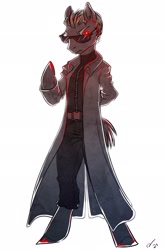 Size: 1344x2048 | Tagged: safe, artist:opalacorn, derpibooru import, earth pony, semi-anthro, albert wesker, clothes, coat, frown, glowing eyes, looking at you, pants, resident evil, solo, sunglasses