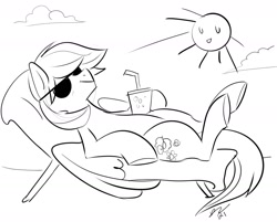 Size: 2028x1628 | Tagged: safe, artist:opalacorn, derpibooru import, oc, oc only, pegasus, pony, drink, recliner, sketch, smiling, solo, sun, sunglasses