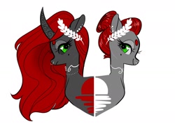 Size: 1958x1392 | Tagged: safe, artist:opalacorn, derpibooru import, oc, oc only, oc:void, alicorn, pegasus, pony, black sclera, duality, ear piercing, earring, frown, jewelry, lidded eyes, looking back, nose piercing, nose ring, piercing, smiling, solo