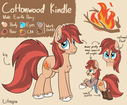 Size: 2400x2000 | Tagged: safe, artist:litrojia, derpibooru import, oc, oc only, oc:cottonwood kindle, earth pony, pony, apron, big tail, boots, chest fluff, clothes, cutie mark, ear fluff, ears, looking at you, male, reference sheet, shirt, shoes, smiling, smiling at you, stallion, unshorn fetlocks