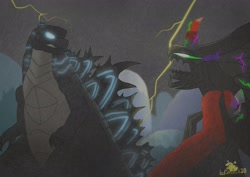 Size: 2887x2048 | Tagged: safe, artist:lordshrekzilla20, derpibooru import, king sombra, kaiju, fanfic:the one true king, crossover, fight, godzilla, godzilla (series), jinshin-mushi, monsterverse, muto prime, no pony, storm