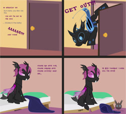 Size: 1560x1423 | Tagged: safe, artist:wheatley r.h., derpibooru exclusive, derpibooru import, oc, oc only, oc:lara, oc:w. rhinestone eyes, changeling, comic:still hungry, angry, bat wings, bed, bedroom, blanket, blue changeling, changeling oc, door, female, implied belly rubs, male, mare, pillow, pink changeling, stallion, vector, vulgar, watermark, wings