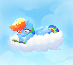 Size: 1270x1138 | Tagged: safe, artist:zowzowo, derpibooru import, rainbow dash, pegasus, pony, blue sky, book, cloud, comfortable, comfy, cute, daring do book, happy, lying down, lying on a cloud, meme, on a cloud, reading, reading rainbow, solo, three quarter view