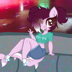 Size: 3543x3543 | Tagged: safe, artist:chubbehbunneh16, derpibooru import, anthro, original species, shark, shark pony, unguligrade anthro, base used, body freckles, clothes, freckles, gradient mane, one eye closed, roller skates, short shirt, shorts, wink