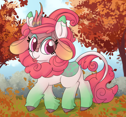 Size: 3000x2800 | Tagged: safe, artist:illusion, derpibooru import, oc, oc:pumpkin leaves, kirin, autumn, falling leaves, female, kirin oc, smiling, solo, tongue, tongue out, unshorn fetlocks