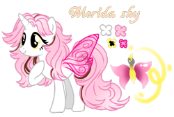 Size: 1596x1080 | Tagged: safe, artist:jvartes6112, derpibooru import, oc, oc only, oc:merida shy, alicorn, pony, alicorn oc, butterfly wings, eyelashes, female, hoof on chest, horn, mare, offspring, parent:fluttershy, parent:oc:jv6112, parents:canon x oc, reference sheet, simple background, solo, transparent background, wings