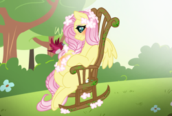 Size: 1596x1080 | Tagged: safe, artist:jvartes6112, derpibooru import, fluttershy, bird, pegasus, pony, blushing, braid, eyelashes, female, mare, outdoors, preggoshy, pregnant, rocking chair, sitting, smiling, solo, tree, wings