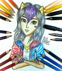 Size: 1536x1758 | Tagged: safe, artist:mudmee-thai, derpibooru import, oc, oc only, human, bust, clothes, crossed arms, eared humanization, eyelashes, female, humanized, signature, tattoo, traditional art