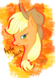 Size: 595x841 | Tagged: safe, artist:mudmee-thai, derpibooru import, applejack, earth pony, pony, abstract background, bust, eyelashes, female, freckles, hat, mare, signature, smiling, solo