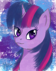 Size: 316x400 | Tagged: safe, artist:mudmee-thai, derpibooru import, twilight sparkle, unicorn twilight, pony, unicorn, abstract background, bust, eyelashes, female, mare, signature, smiling, solo