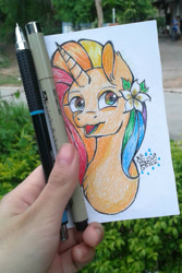 Size: 1314x1968 | Tagged: safe, artist:mudmee-thai, derpibooru import, oc, oc only, pony, unicorn, female, flower, flower in hair, horn, irl, mare, multicolored hair, open mouth, photo, rainbow hair, signature, solo, traditional art, unicorn oc