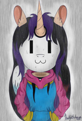 Size: 502x741 | Tagged: safe, artist:mudmee-thai, derpibooru import, oc, oc only, alicorn, anthro, alicorn oc, clothes, ear fluff, ears, female, hoodie, horn, mask, signature, solo, wings