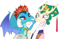 Size: 1050x674 | Tagged: safe, artist:queencold, derpibooru import, dragon lord ember, princess ember, oc, oc:princess fengli, dragon, boop, canon x oc, chinese dragon, crown, dragon oc, dragoness, duo, fan, female, jewelry, lesbian, regalia, shipping, simple background, teenaged dragon, transparent background