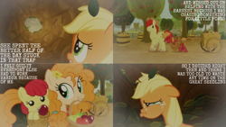 Size: 1280x720 | Tagged: safe, derpibooru import, edit, edited screencap, editor:quoterific, screencap, apple bloom, applejack, big macintosh, bright mac, pear butter, earth pony, pony, going to seed, season 9, adorabloom, apple, baby, baby apple bloom, baby pony, colt, crying, cute, eyes closed, female, filly, food, lip bite, male, mare, mother and child, mother and daughter, mouth hold, parent and child, pearabetes, sad, stallion, tree, younger