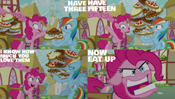 Size: 1280x720 | Tagged: safe, derpibooru import, edit, edited screencap, editor:quoterific, screencap, pinkie pie, rainbow dash, earth pony, pegasus, pony, season 7, secrets and pies, bipedal, duo, duo female, eyes closed, faic, female, food, mare, open mouth, pie, pinkie being pinkie, thousand yard stare, wagon