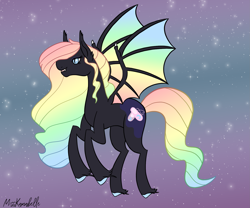 Size: 2409x2000 | Tagged: safe, artist:misskanabelle, derpibooru import, oc, oc only, oc:mooney smile, bat pony, pony, abstract background, bat pony oc, bat wings, female, hoof fluff, mare, multicolored hair, offspring, parent:king sombra, parent:princess luna, parents:lumbra, rainbow hair, signature, solo, unshorn fetlocks, wings