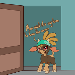 Size: 3000x3000 | Tagged: safe, artist:mrneo, derpibooru import, shanty goat, goat, them's fightin' herds, bandana, door, doorway, meme, solo