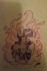 Size: 683x1024 | Tagged: safe, artist:gravityfox10, derpibooru import, twilight sparkle, twilight sparkle (alicorn), alicorn, pony, female, glow, glowing eyes, horn, mare, raised hoof, raised leg, signature, solo, traditional art, wings