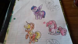 Size: 1024x576 | Tagged: safe, artist:gravityfox10, derpibooru import, applejack, fluttershy, pinkie pie, rainbow dash, rarity, twilight sparkle, twilight sparkle (alicorn), alicorn, earth pony, pony, female, hat, horn, lined paper, lying down, mane six, mare, prone, raised hoof, raised leg, traditional art, white eyes, wings