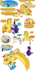 Size: 2000x4000 | Tagged: safe, artist:jackiebloom, derpibooru import, spitfire, oc, oc:iridescence flare, oc:neon synthwave, oc:skydancer, earth pony, pegasus, pony, colt, female, filly, flying, leash, magical lesbian spawn, male, mare, mother and child, mother and daughter, mother and son, offspring, parent and child, parent:rainbow dash, parent:spitfire, parents:spitdash, record, siblings, sunglasses, triplets, wing umbrella, wings