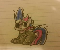 Size: 1024x840 | Tagged: safe, artist:gravityfox10, derpibooru import, twilight sparkle, unicorn twilight, pony, unicorn, clothes, eyepatch, female, future twilight, horn, lined paper, mare, scar, solo, torn clothes, traditional art