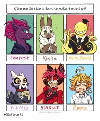 Size: 768x927 | Tagged: safe, alternate version, artist:bunabye, derpibooru import, tempest shadow, demon, pony, rabbit, unicorn, alastor, animal, assassination classroom, broken horn, bust, chest fluff, crossover, ear fluff, ears, emma (the promised neverland), eye scar, female, graduation cap, grin, hat, hazbin hotel, horn, king (the owl house), korosensei, lineart, male, mare, necktie, partial color, scar, six fanarts, smiling, tentacles, the owl house, the promised neverland