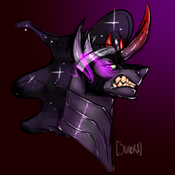 Size: 540x540 | Tagged: safe, artist:sweetendbtcharts, derpibooru import, king sombra, pony, umbrum, unicorn, bust, crown, fangs, jewelry, male, regalia, simple background, snarling, solo, stallion