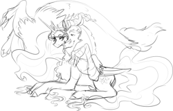 Size: 540x346 | Tagged: safe, artist:sweetendbtcharts, derpibooru import, discord, princess celestia, alicorn, draconequus, pony, dislestia, female, looking at each other, lying down, male, mare, shipping, simple background, sketch, straight, white background