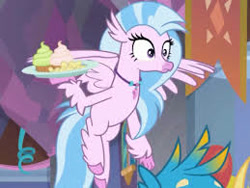 Size: 259x195 | Tagged: safe, screencap, gallus, silverstream, classical hippogriff, griffon, hippogriff, she's all yak, claw hold, cropped, cupcake, female, flying, food, male, offscreen character, plate, shrunken pupils, solo focus, spread wings