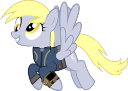 Size: 10459x7507 | Tagged: safe, artist:ponygamer2020, artist:silentmatten, derpibooru import, edit, edited screencap, screencap, derpy hooves, pegasus, pony, fallout equestria, absurd resolution, blonde, blonde mane, blonde tail, clothes, fallout, female, flying, golden eyes, grin, jumpsuit, not a vector, pipboy, simple background, smiling, solo, transparent background, vault suit, vector