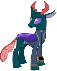 Size: 4007x5000 | Tagged: safe, artist:dashiesparkle, artist:ponygamer2020, derpibooru import, edit, edited screencap, screencap, pharynx, changedling, changeling, fallout equestria, to change a changeling, absurd resolution, clothes, fallout, jumpsuit, not a vector, pipboy, prince pharynx, simple background, solo, transparent background, vault suit, vector