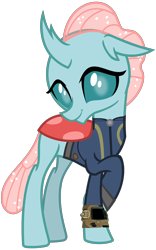 Size: 2000x3200 | Tagged: safe, artist:cheezedoodle96, artist:ponygamer2020, derpibooru import, ocellus, changedling, changeling, fallout equestria, school daze, clothes, crossed legs, cute, cuteling, diaocelles, fallout, female, jumpsuit, looking at you, pipboy, shy, simple background, smiling, solo, transparent background, vault suit, vector