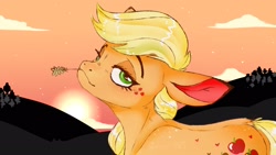 Size: 1920x1080 | Tagged: safe, artist:woollyart, derpibooru import, applejack, pony, alternative cutie mark placement, facial cutie mark, freckles, looking at you, shoulder freckles, solo, straw in mouth