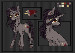 Size: 3508x2480 | Tagged: safe, artist:b0n3rc0ck, derpibooru import, oc, oc only, oc:rebel yell, pony, unicorn, ear piercing, earring, eyebrow piercing, female, fishnet stockings, jewelry, lip piercing, mare, necklace, piercing, reference sheet, solo, unshorn fetlocks