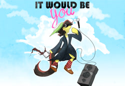 Size: 7006x4800 | Tagged: safe, artist:fiyawerks, derpibooru import, oc, oc:fiya, earth pony, pony, ben rector, clothes, cloud, coffee, it would be you, microphone, socks, solo, song reference, speakers, spill