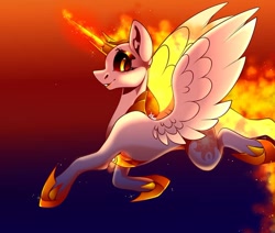 Size: 1080x915 | Tagged: safe, artist:tessa_key_, derpibooru import, daybreaker, alicorn, pony, abstract background, female, hoof shoes, horn, mane of fire, mare, peytral, signature, solo, wings