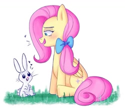 Size: 1107x957 | Tagged: safe, artist:saltysel, derpibooru import, angel bunny, fluttershy, pegasus, pony, rabbit, animal, blushing, bow, duo, female, grass, hair bow, mare, simple background, sitting, smiling, white background, wings