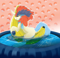 Size: 4248x4104 | Tagged: safe, artist:fiyawerks, derpibooru import, oc, oc:keldia, pony, banana, cute, female, food, hot tub, mare, ponified, pool toy, smiling, solo, swimming, water