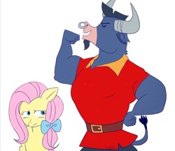 Size: 1324x1145 | Tagged: safe, artist:saltysel, derpibooru import, fluttershy, iron will, earth pony, minotaur, pony, alternate universe, beauty and the beast, bow, crossover, duo, eyes closed, female, flexing, gaston, hair bow, horns, male, mare, nose piercing, nose ring, piercing, race swap, simple background, white background