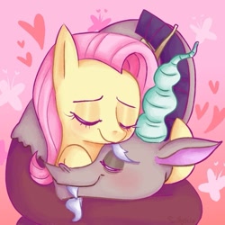 Size: 1047x1047 | Tagged: safe, artist:saltysel, derpibooru import, discord, fluttershy, draconequus, pegasus, pony, bust, coils, cute, discoshy, eyelashes, eyes closed, female, heart, hug, male, mare, shipping, smiling, straight