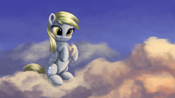 Size: 3000x1688 | Tagged: safe, artist:flusanix, derpibooru import, derpy hooves, pegasus, pony, cloud, cloud sculpting, cute, derpabetes, female, heart, mare, on a cloud, sitting, sitting on cloud, sky, solo