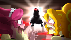 Size: 1280x720 | Tagged: safe, artist:faith-wolff, derpibooru import, adagio dazzle, gloriosa daisy, fanfic:the bridge, equestria girls, comedy, crossover, eye glow, fanfic art, fbi open up, gigan, godzilla (series)