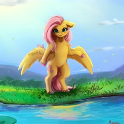 Size: 4000x4000 | Tagged: safe, artist:miokomata, derpibooru import, fluttershy, pegasus, semi-anthro, colored hooves, cute, ears, female, floppy ears, freckles, freckleshy, grass, looking at you, mare, miokomata is trying to murder us, outdoors, shyabetes, smiling, solo, water