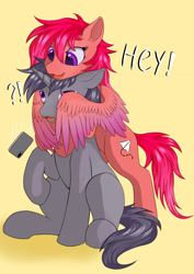 Size: 2480x3508 | Tagged: safe, derpibooru import, oc, oc only, pegasus, pony, unicorn, happy, hug, phone, sitting, surprised, winghug, wings