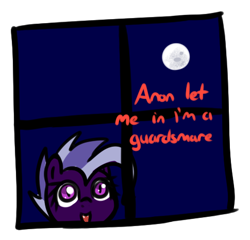 Size: 485x466 | Tagged: safe, artist:neuro, derpibooru import, oc, oc only, oc:purity ebonshield, bat pony, pony, fanfic:everyday life with guardsmares, /mlp/, 4chan, bat pony oc, dude let me in, everyday life with guardsmares, female, guardsmare, mare, moon, royal guard, simple background, speech bubble, text, transparent background, window