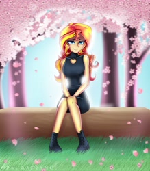 Size: 3581x4096 | Tagged: safe, artist:opal_radiance, derpibooru import, sunset shimmer, equestria girls, bare shoulders, boots, cherry blossoms, clothes, cute, dress, eyebrows, eyelashes, featured image, female, flower, flower blossom, full body, hair, long hair, looking at you, petals, shoes, sitting, sleeveless, smiling, smiling at you, solo, solo female, sparkly hair, sparkly mane, tree