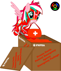 Size: 2599x3036 | Tagged: safe, artist:kyoshyu, derpibooru import, oc, oc:shuri cane, pegasus, pony, clothes, crate, female, first aid kit, flight suit, high res, mare, mouth hold, simple background, solo, transparent background, vector